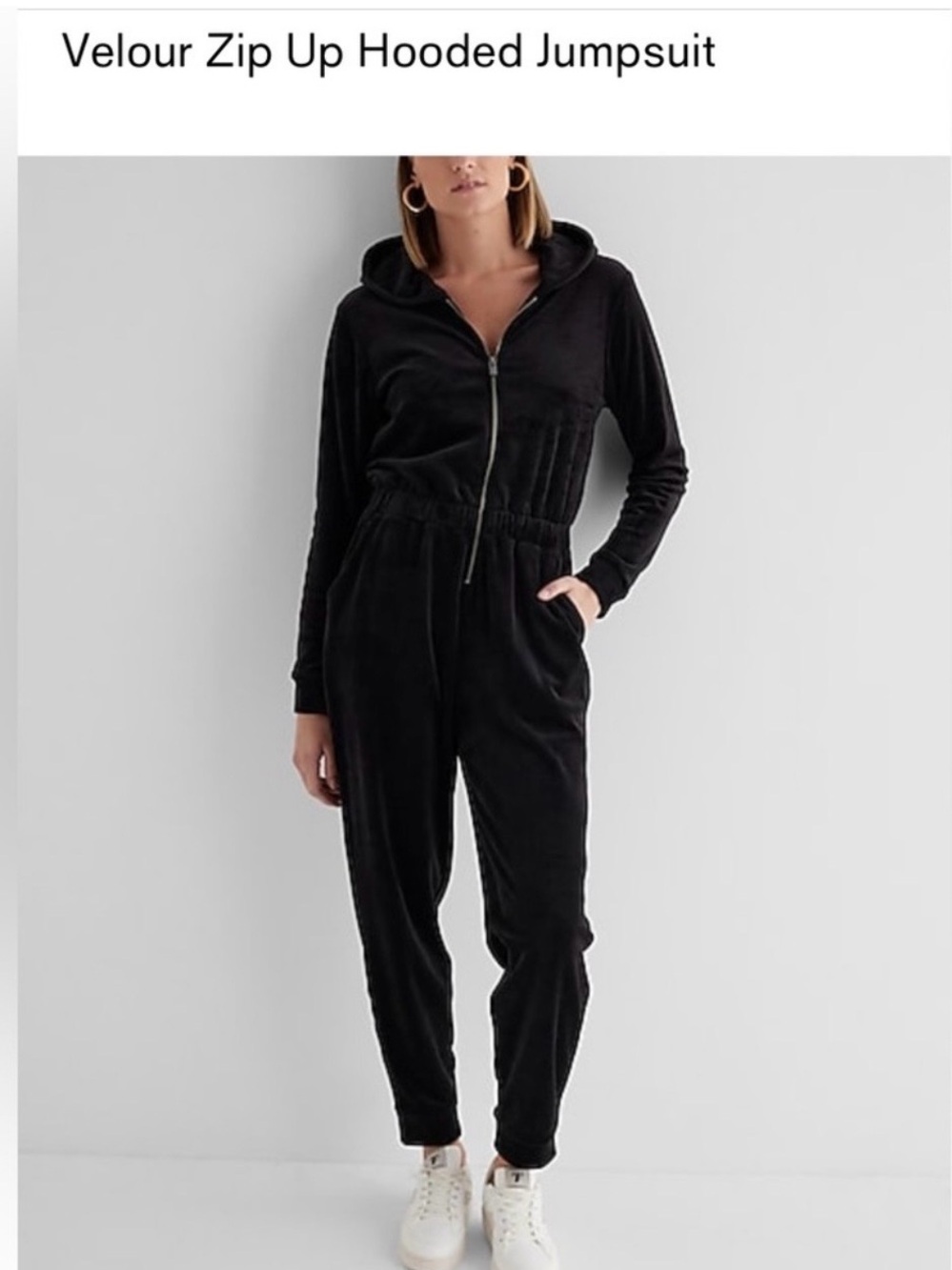 Express Lady’s Black Velour Zip-Up Jumpsuit Jacket with Hood size XS
